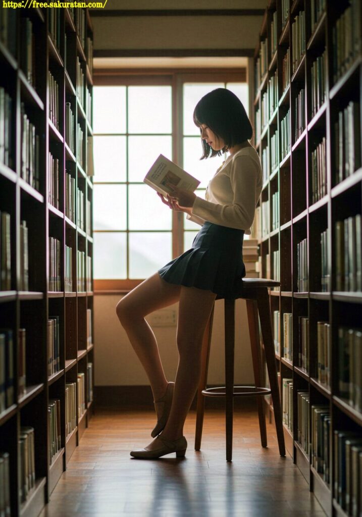 図書室の午後、彼女はまだページをめくっている」──静けさに包まれた、物語の呼吸。 14 20250502 3 12 プリーツスカート