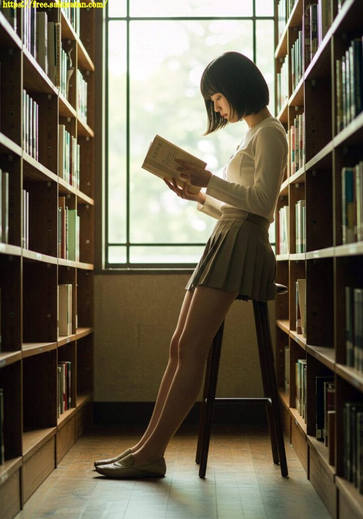 図書室の午後、彼女はまだページをめくっている」──静けさに包まれた、物語の呼吸。 15 20250502 3 13 プリーツスカート