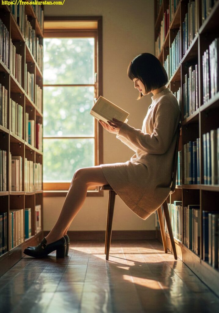 図書室の午後、彼女はまだページをめくっている」──静けさに包まれた、物語の呼吸。 16 20250502 3 14 プリーツスカート