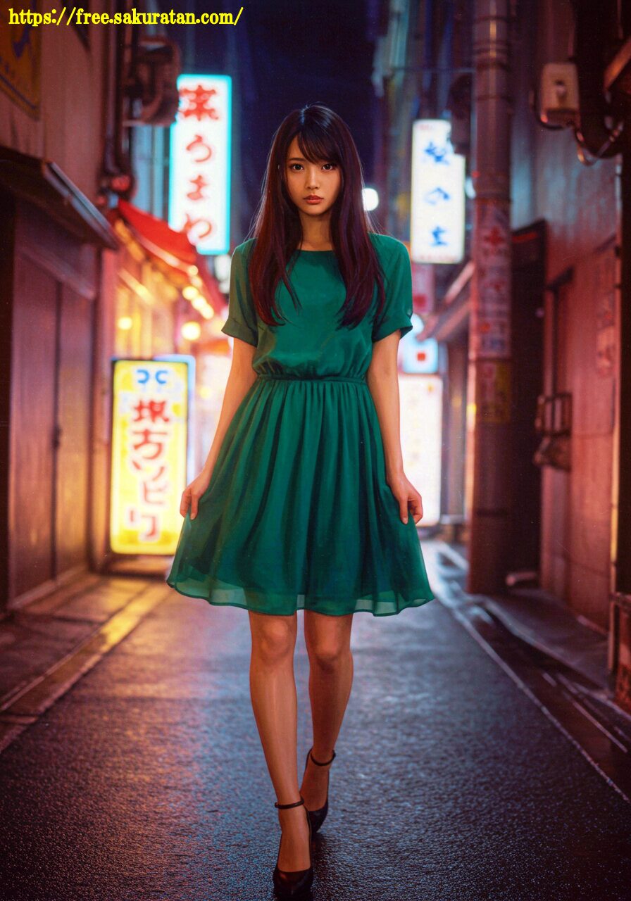 都会の喧騒に佇む翡翠の輝き：路地裏で見つけた神秘的な美人