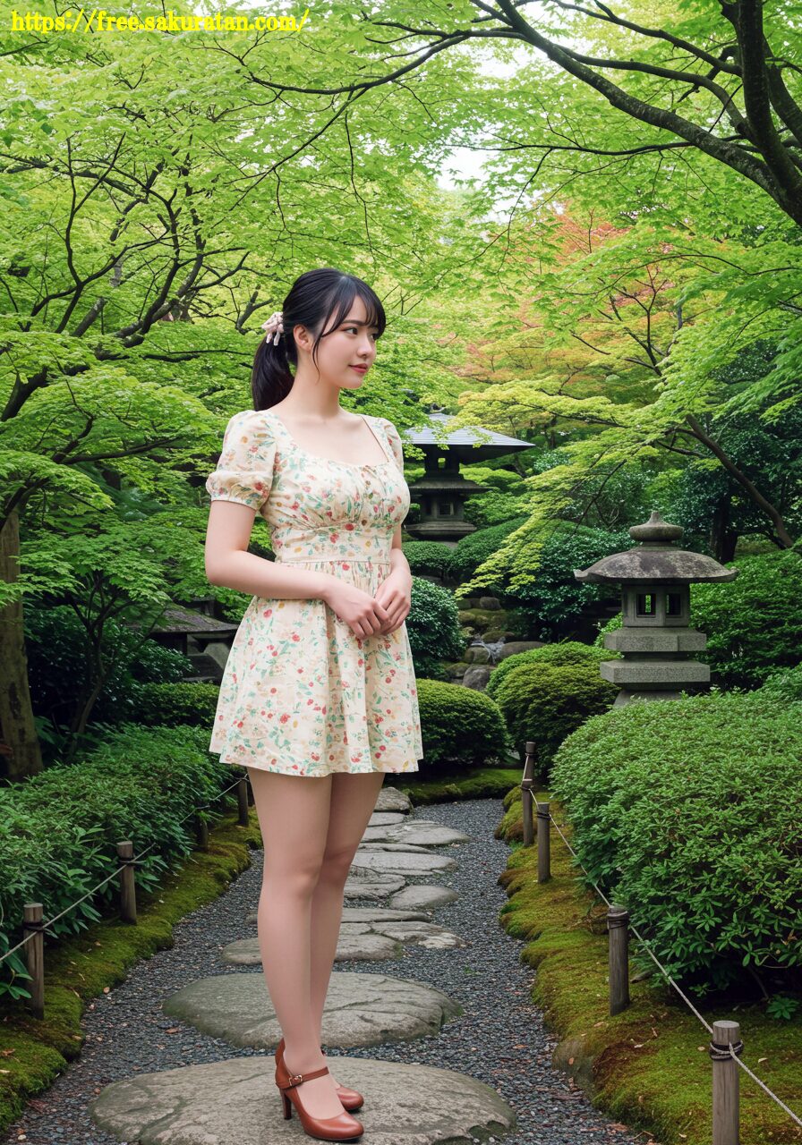 苔むす庭園に咲く、可憐な花柄ワンピース：日本の美と夏の息吹